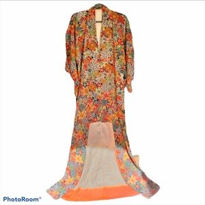 Vintage Floral Orange and Blue Long Kimono
